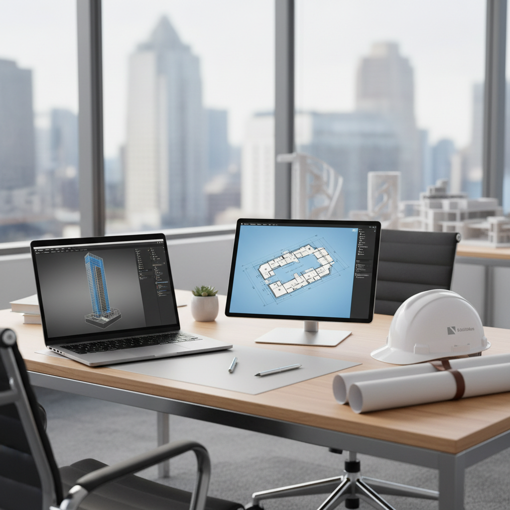 Architect's desk with plans and hard hat