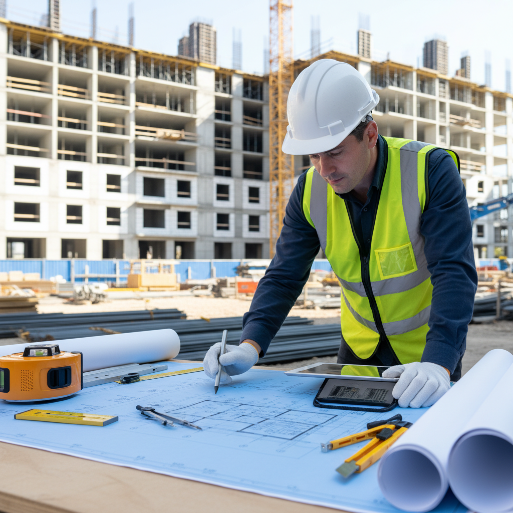Worker reviewing blueprints on a construction site