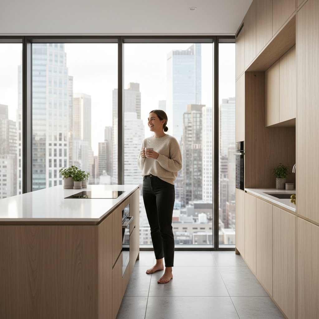 Happy person in a modern apartment